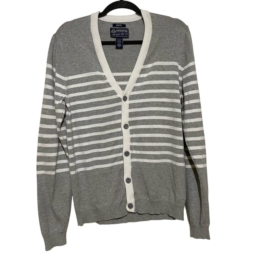 Vintage American Rag Gray White Striped Cardigan Button Up Medium Academia Ivy